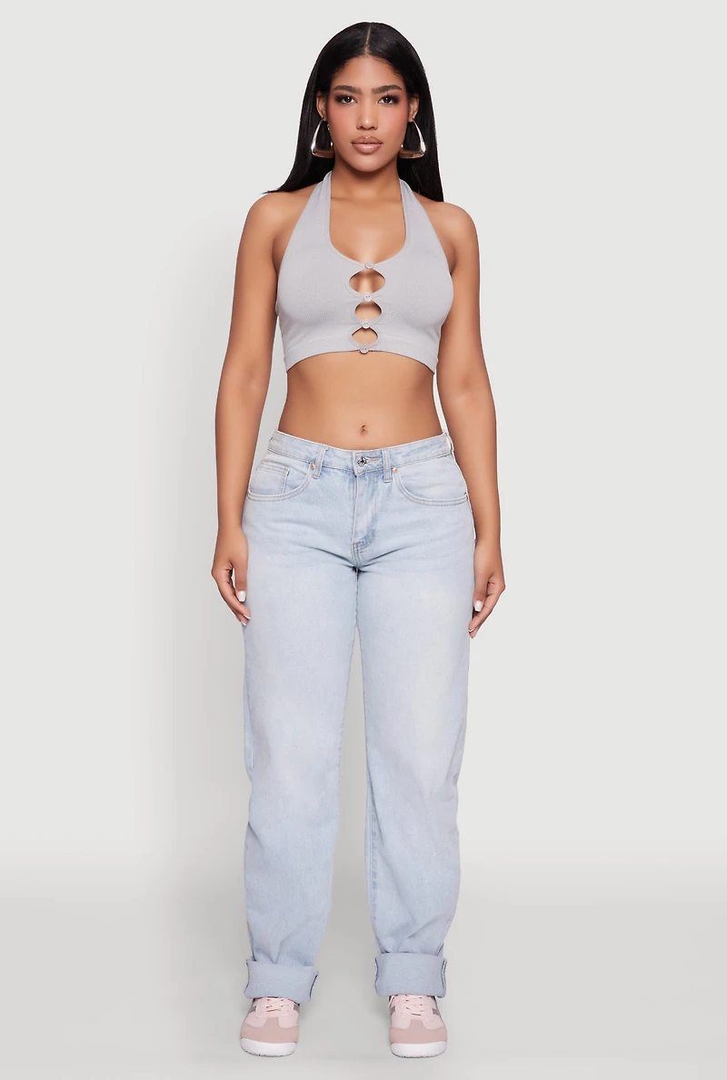 Womens Button Front Cut Out Halter Neck Crop Top, Grey, Size S-M