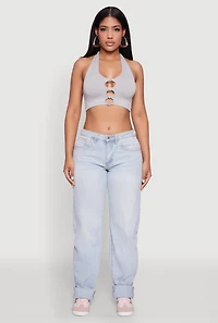 Button Front Cut Out Halter Neck Crop Top