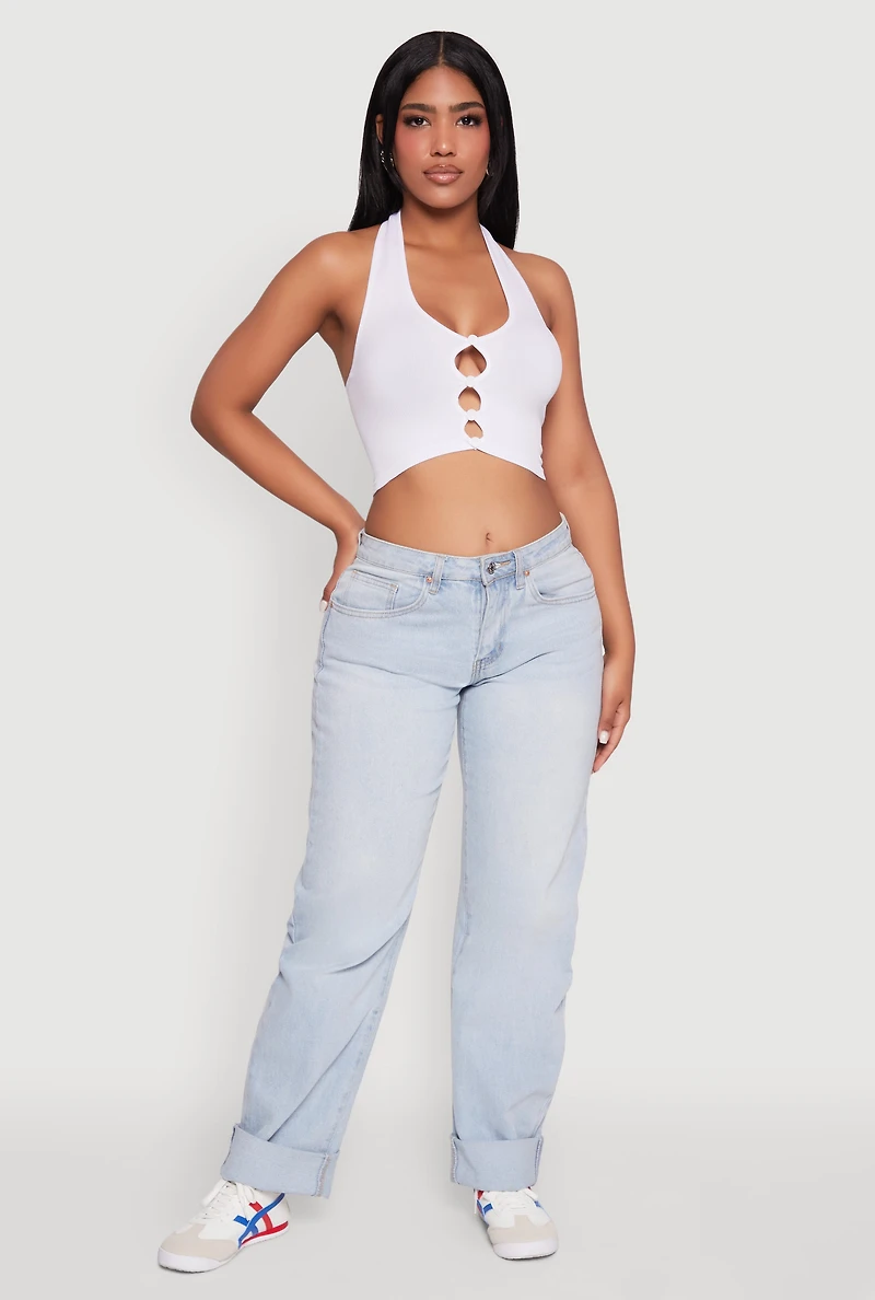 Womens Button Front Cut Out Halter Neck Crop Top, White, Size S-M