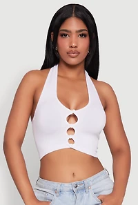 Womens Button Front Cut Out Halter Neck Crop Top, White, Size S-M