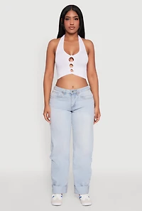Womens Button Front Cut Out Halter Neck Crop Top, White, Size S-M