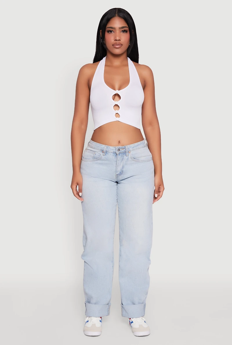 Womens Button Front Cut Out Halter Neck Crop Top, White, Size L-XL