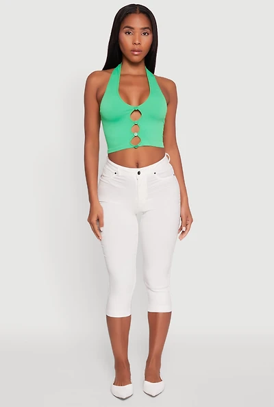 Womens Button Front Cut Out Halter Neck Crop Top,