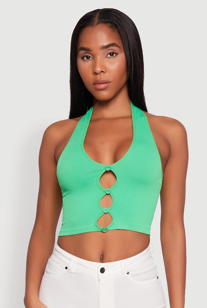 Button Front Cut Out Halter Neck Crop Top