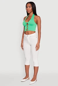 Womens Button Front Cut Out Halter Neck Crop Top, Green, Size L-XL