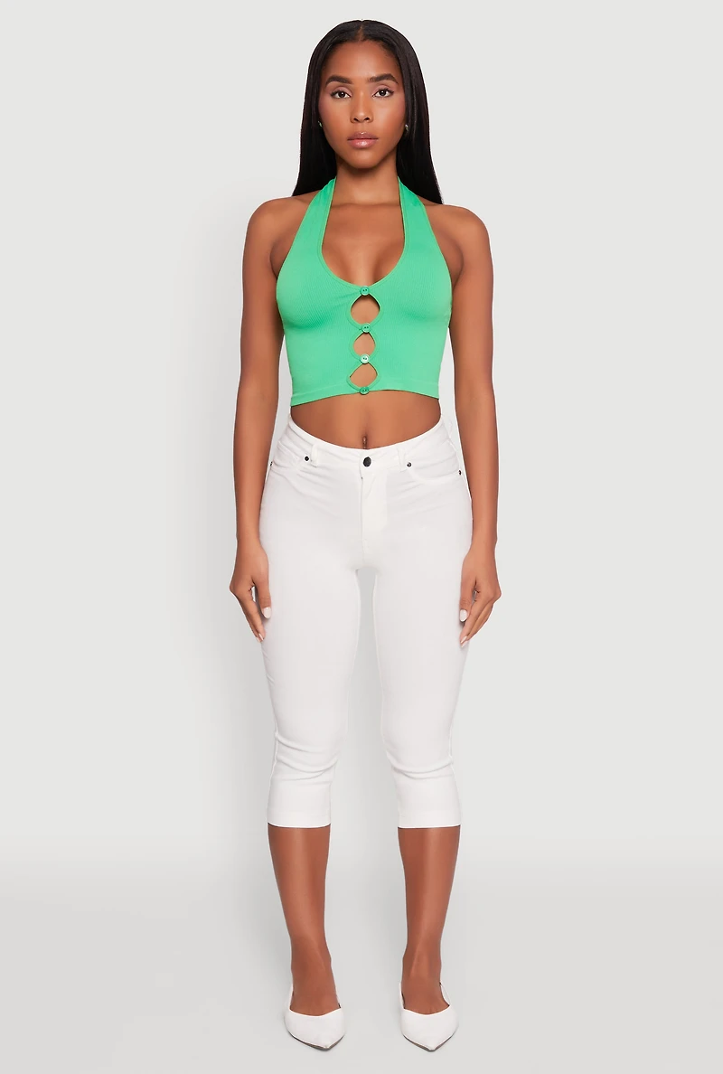 Womens Button Front Cut Out Halter Neck Crop Top, Green, Size L-XL
