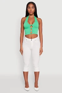 Button Front Cut Out Halter Neck Crop Top