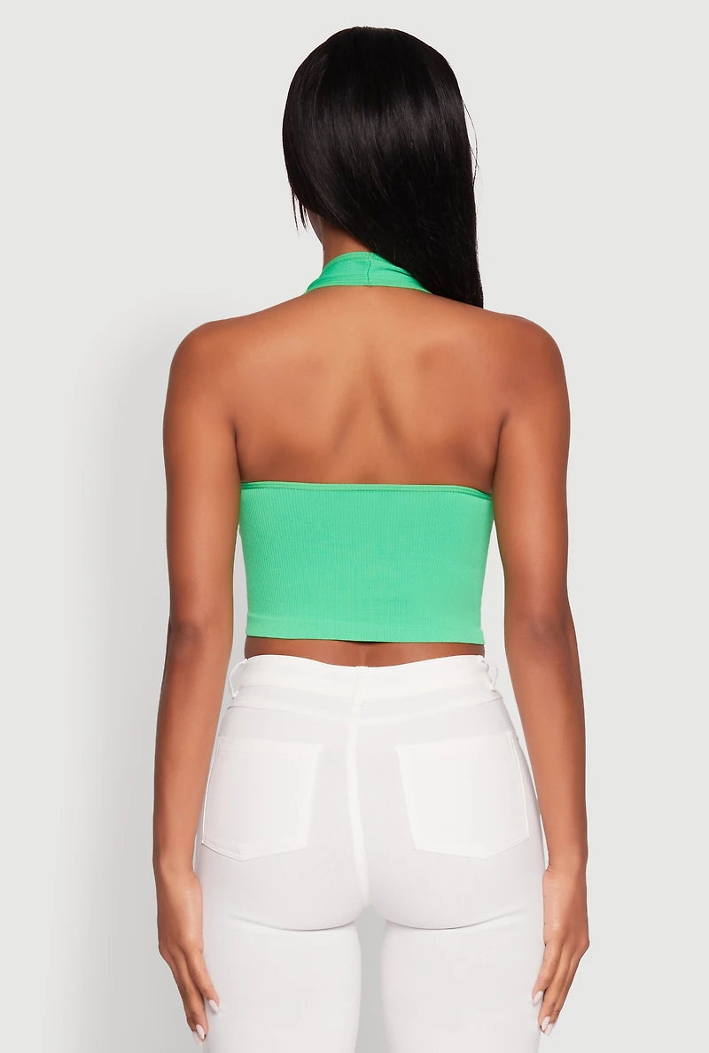 Button Front Cut Out Halter Neck Crop Top