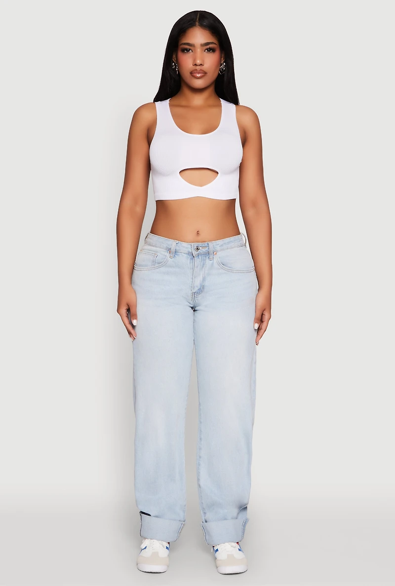 Womens Cut Out Front Seamless Cropped Tank Top, White, Size L-XL