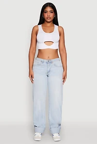 Womens Cut Out Front Seamless Cropped Tank Top, White, Size L-XL