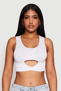 Womens Cut Out Front Seamless Cropped Tank Top, White, Size L-XL