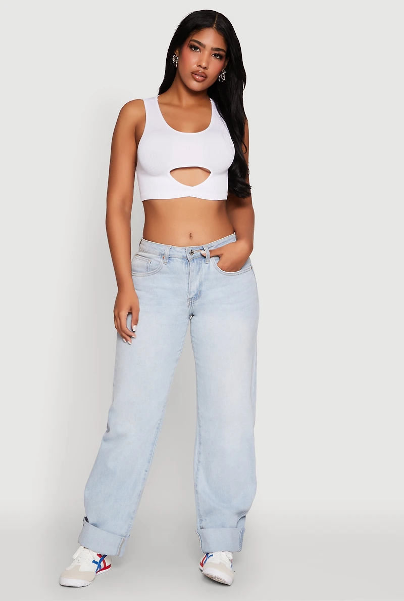 Womens Cut Out Front Seamless Cropped Tank Top, White, Size L-XL