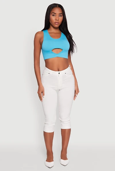 Womens Cut Out Front Seamless Cropped Tank Top, Blue, Size S-M