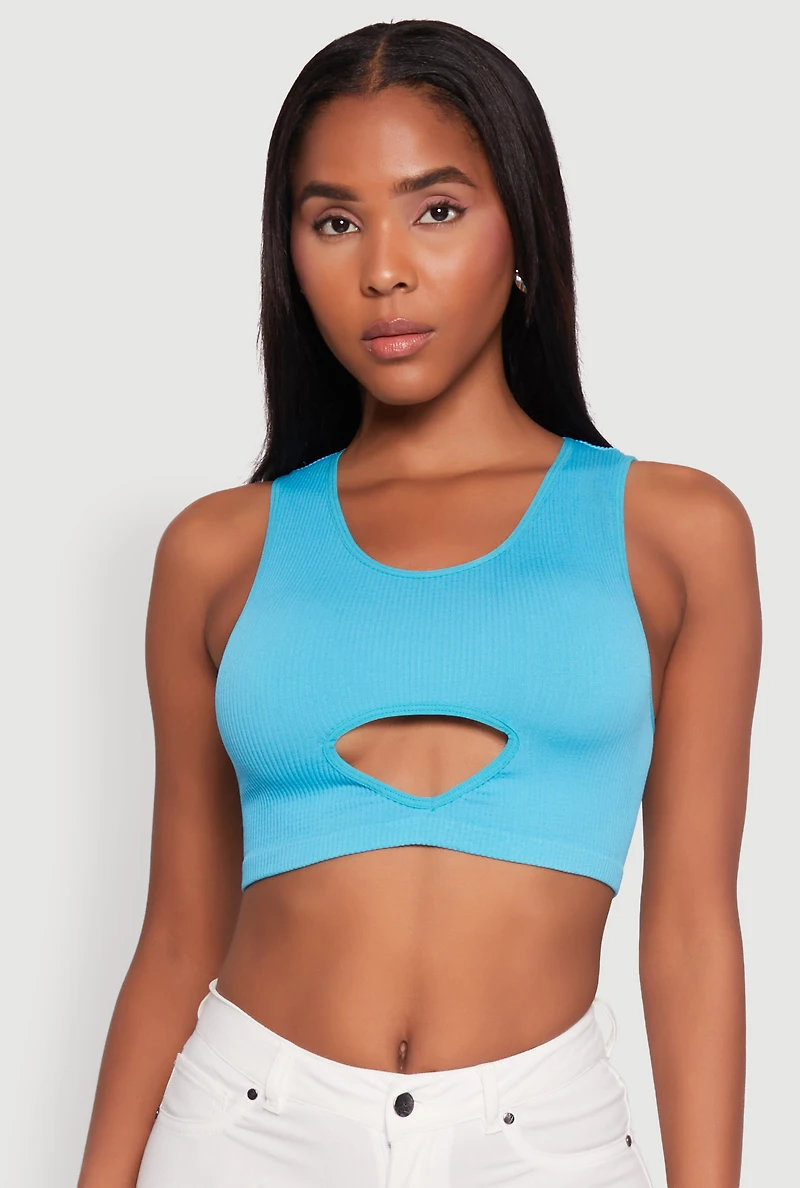 Womens Cut Out Front Seamless Cropped Tank Top, Blue, Size S-M