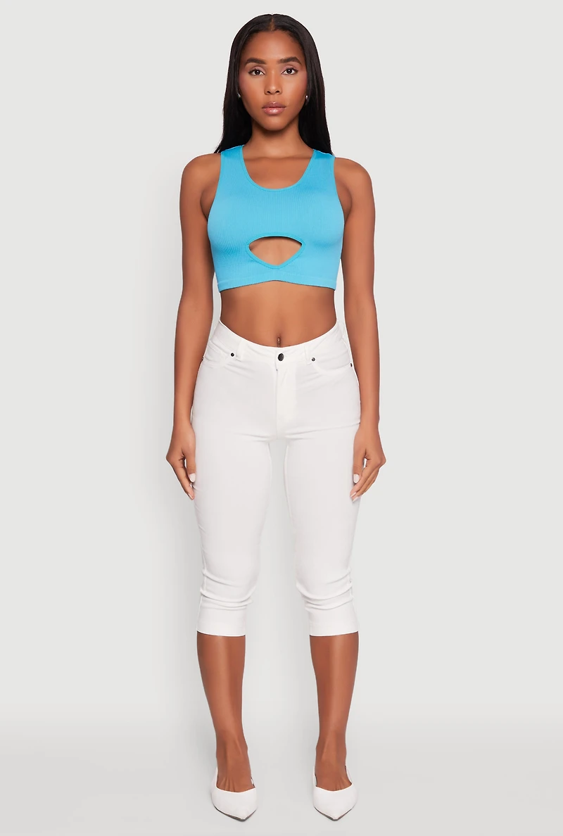 Womens Cut Out Front Seamless Cropped Tank Top, Blue, Size S-M
