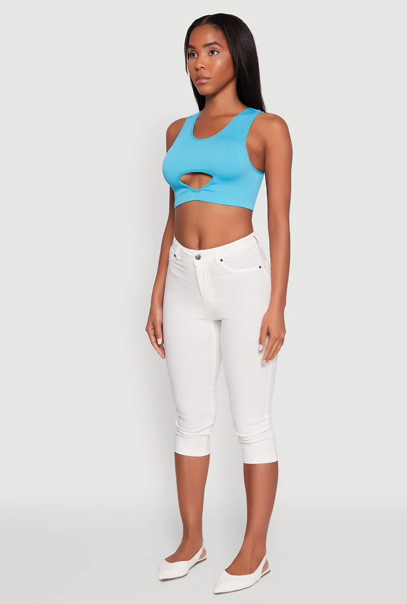 Womens Cut Out Front Seamless Cropped Tank Top, Blue, Size S-M