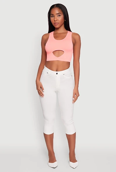 Womens Cut Out Front Seamless Cropped Tank Top, Pink, Size L-XL