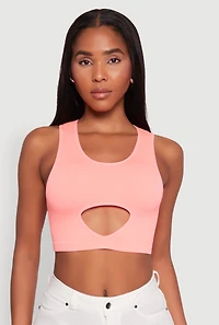 Womens Cut Out Front Seamless Cropped Tank Top, Pink, Size L-XL