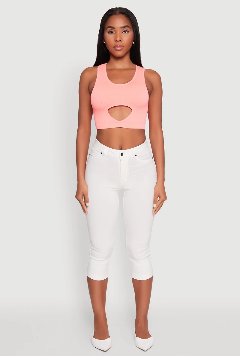 Womens Cut Out Front Seamless Cropped Tank Top, Pink, Size L-XL