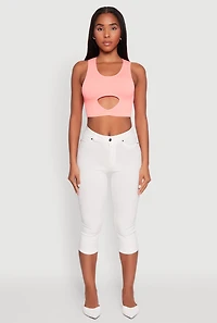 Womens Cut Out Front Seamless Cropped Tank Top, Pink, Size L-XL