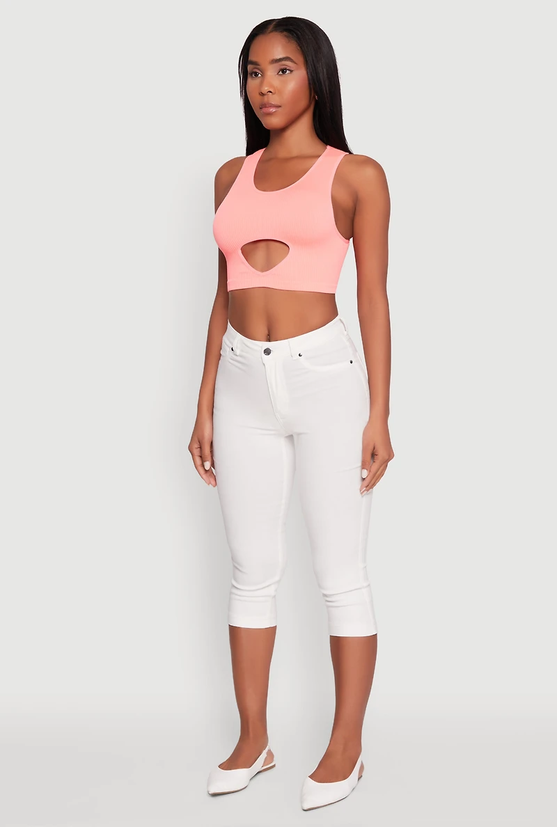 Womens Cut Out Front Seamless Cropped Tank Top, Pink, Size L-XL