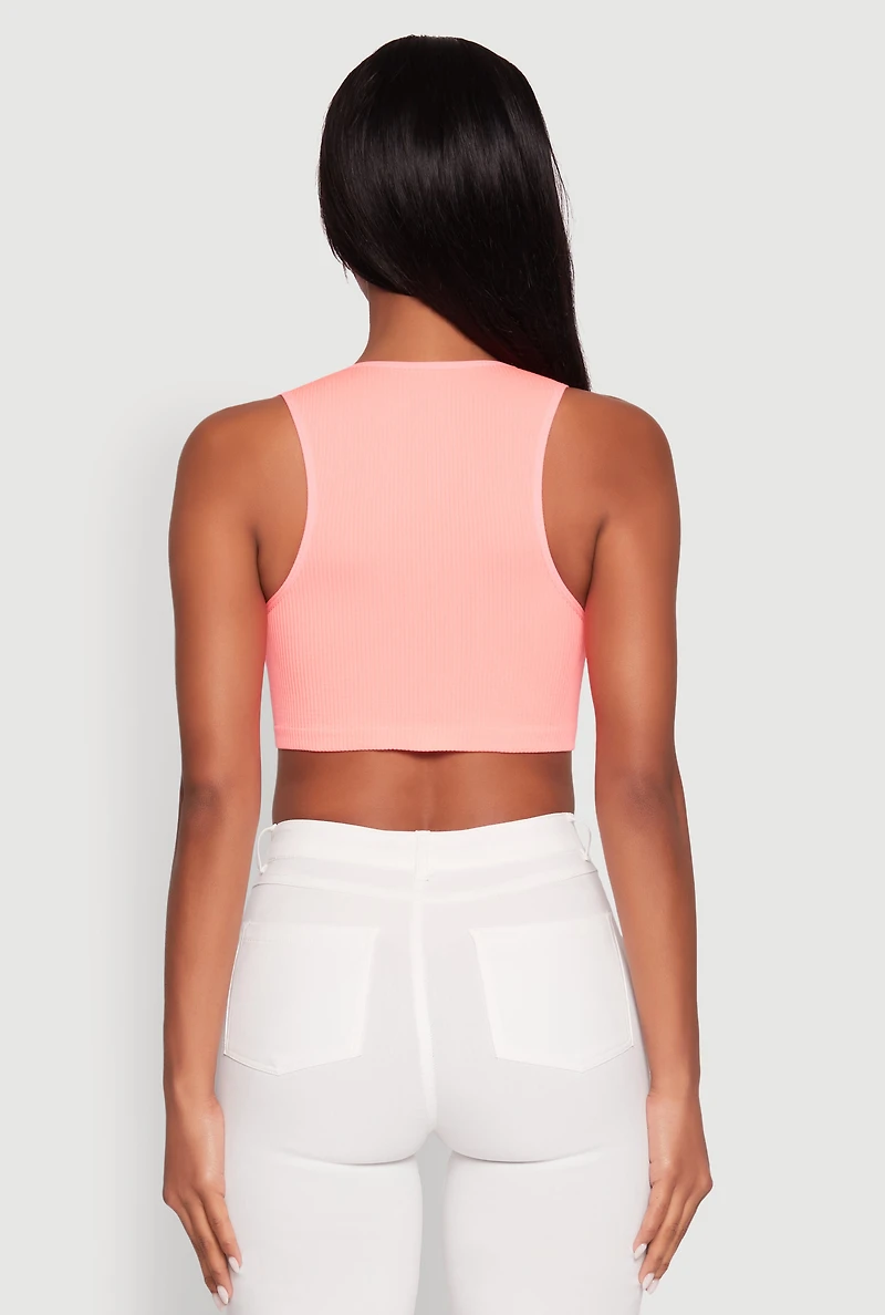 Womens Cut Out Front Seamless Cropped Tank Top, Pink, Size L-XL