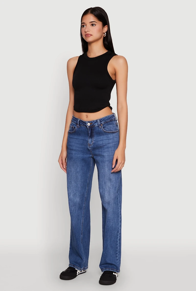 Womens Seamless Crew Neck Cropped Tank Top, Black, Size L-XL