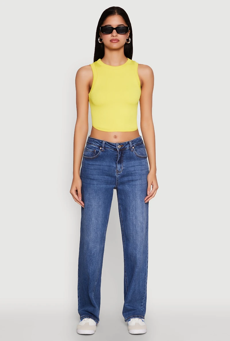 Womens Seamless Crew Neck Cropped Tank Top, Yellow, Size S-M