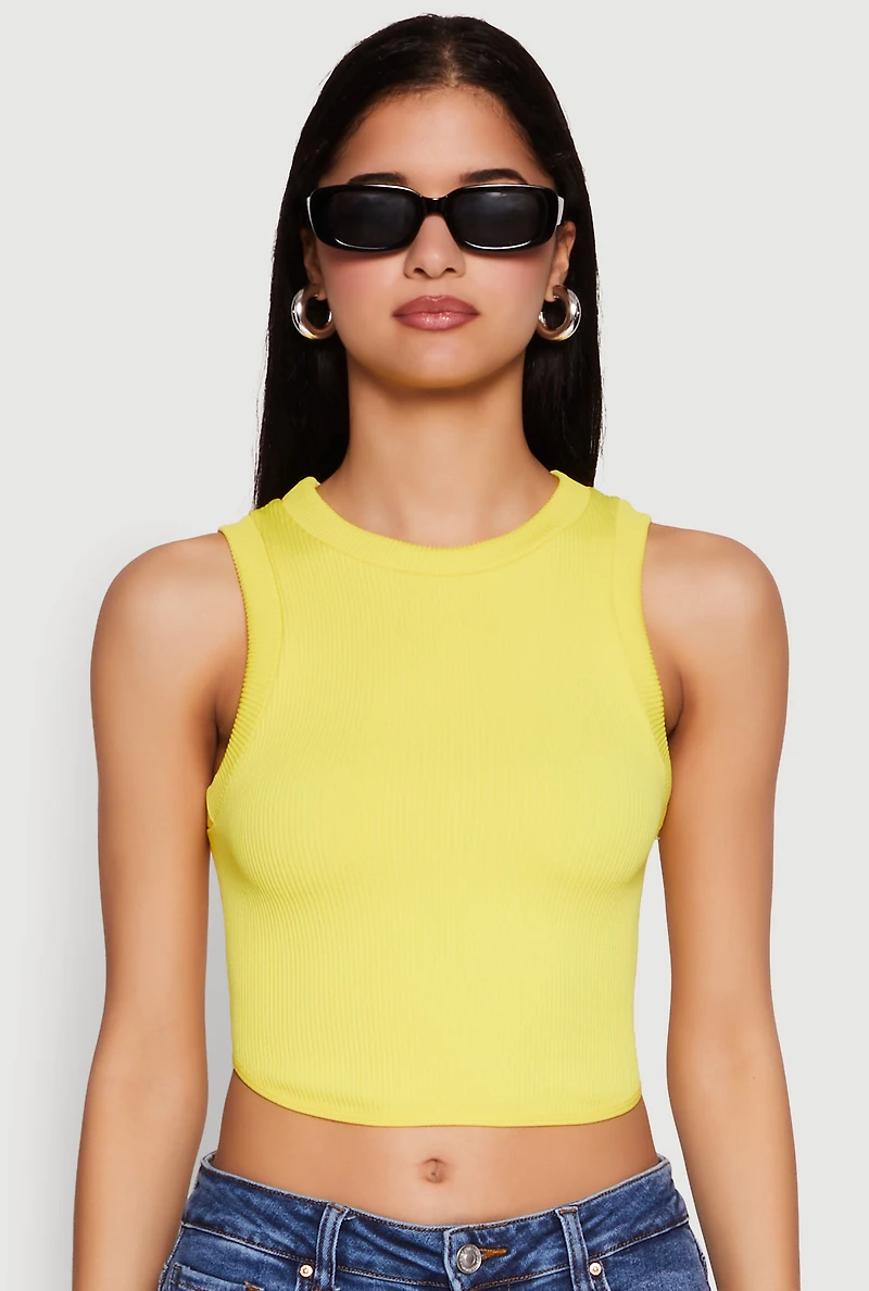 Womens Seamless Crew Neck Cropped Tank Top, Yellow, Size S-M
