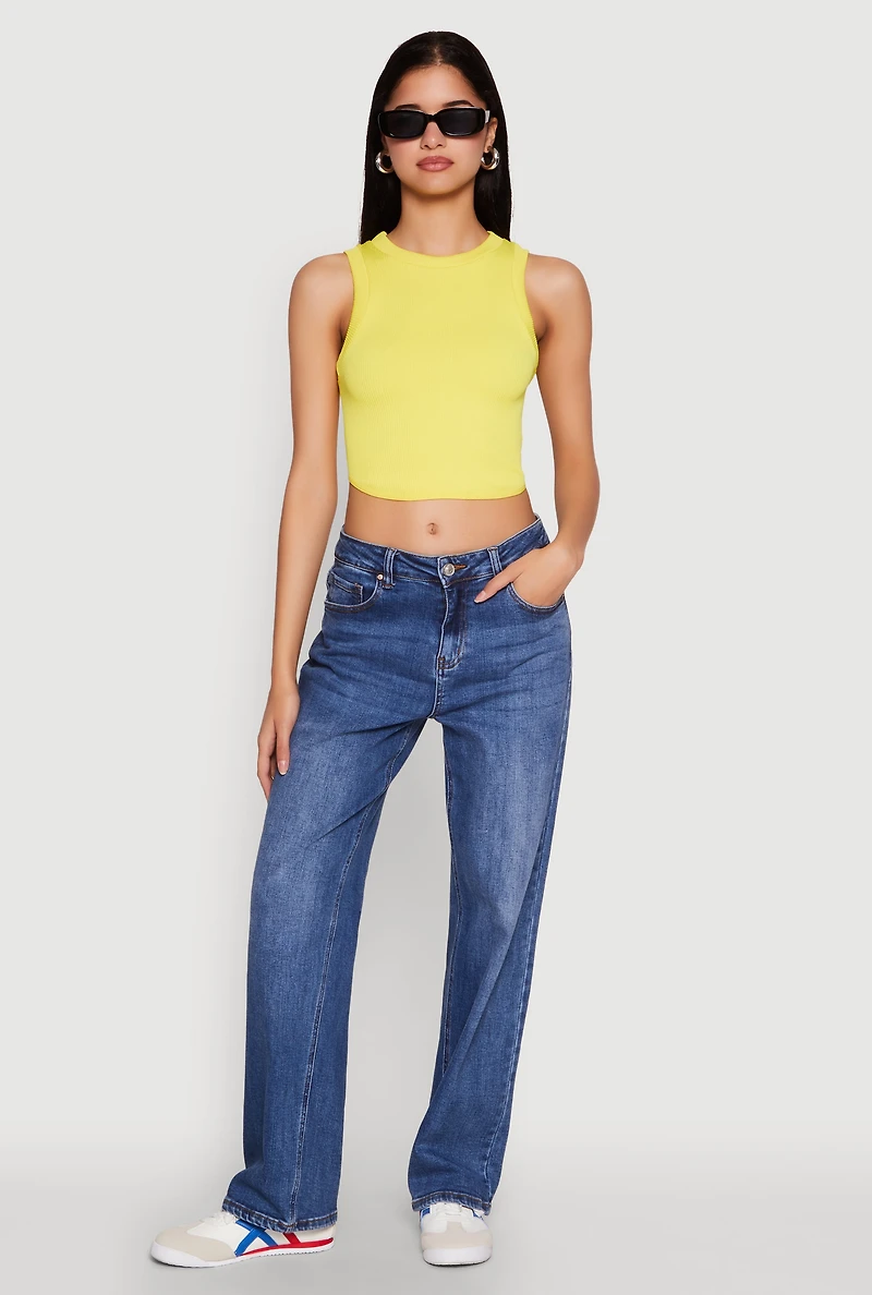 Womens Seamless Crew Neck Cropped Tank Top, Yellow, Size S-M