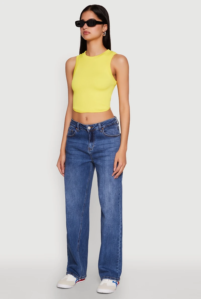 Womens Seamless Crew Neck Cropped Tank Top, Yellow, Size S-M