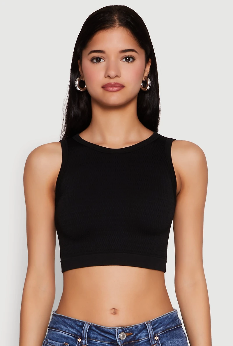 Womens Textured Knit Seamless Cropped Tank Top, Black, Size S-M