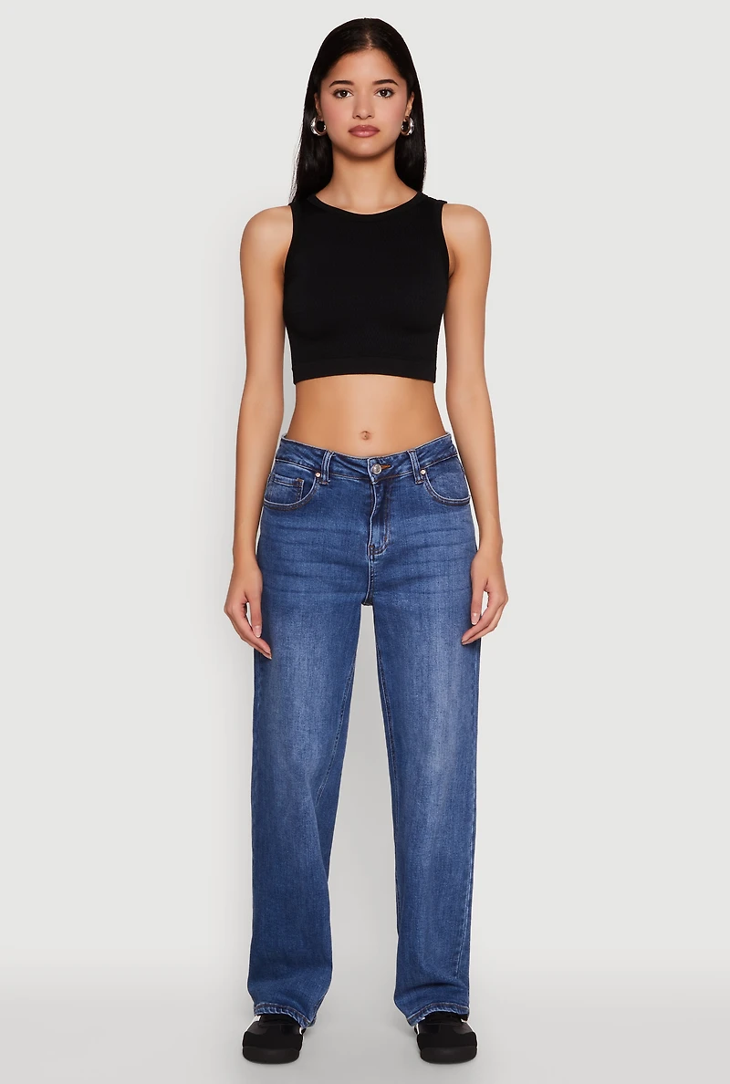 Womens Textured Knit Seamless Cropped Tank Top, Black, Size S-M