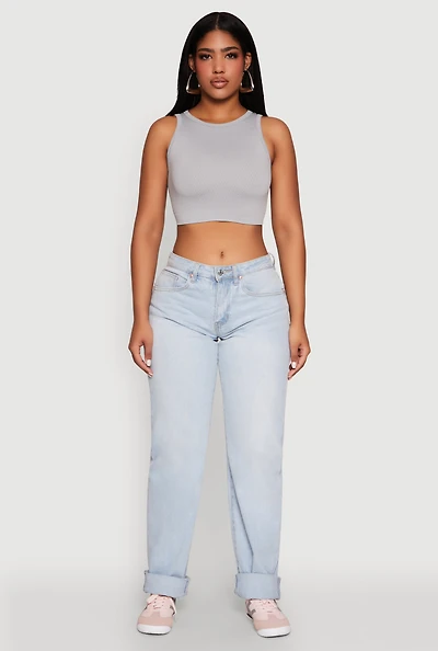 Womens Textured Knit Seamless Cropped Tank Top, Grey,