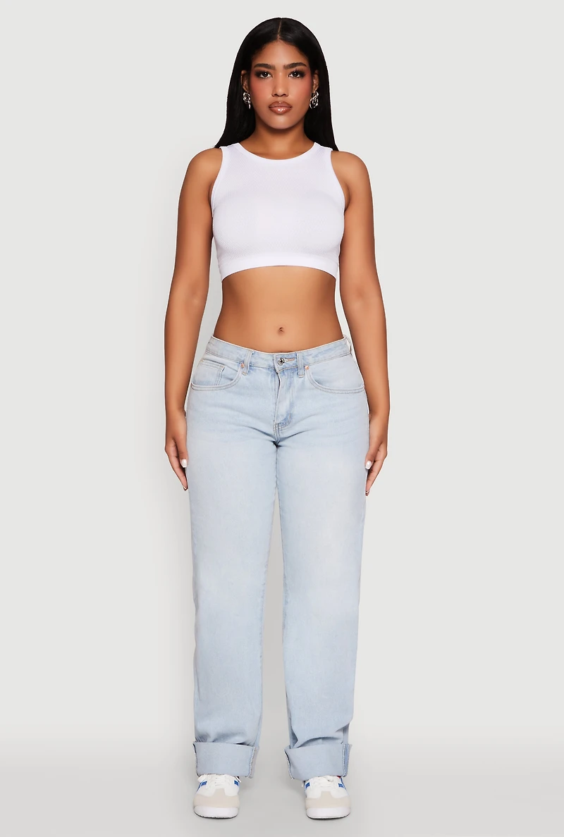 Womens Textured Knit Seamless Cropped Tank Top, White, Size S-M