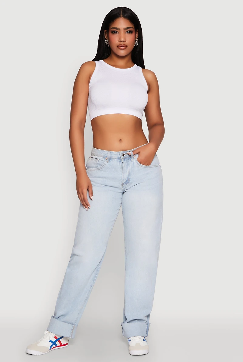 Womens Textured Knit Seamless Cropped Tank Top, White, Size S-M