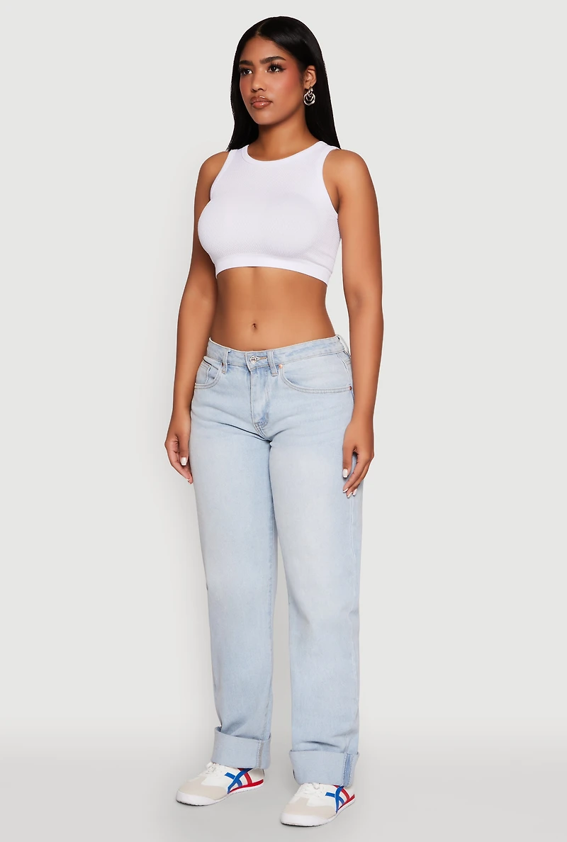 Womens Textured Knit Seamless Cropped Tank Top, White, Size S-M