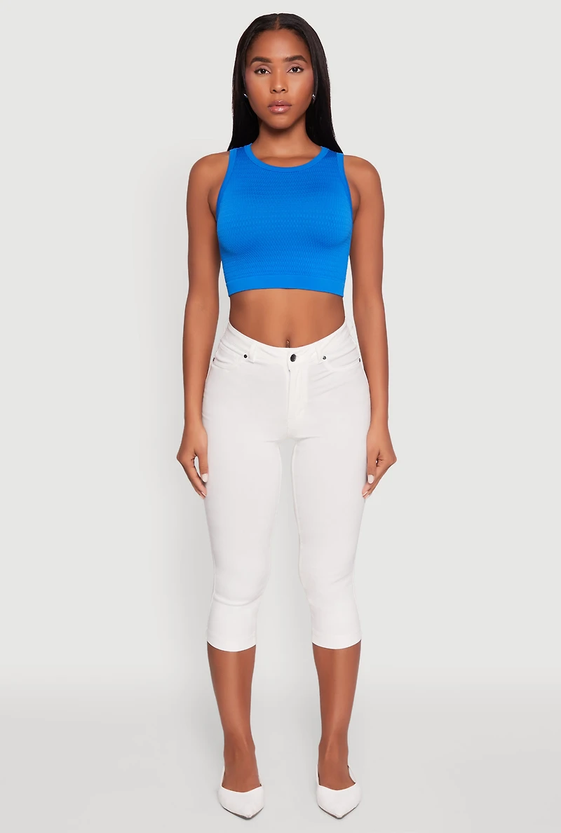 Womens Textured Knit Seamless Cropped Tank Top, Blue, Size L-XL