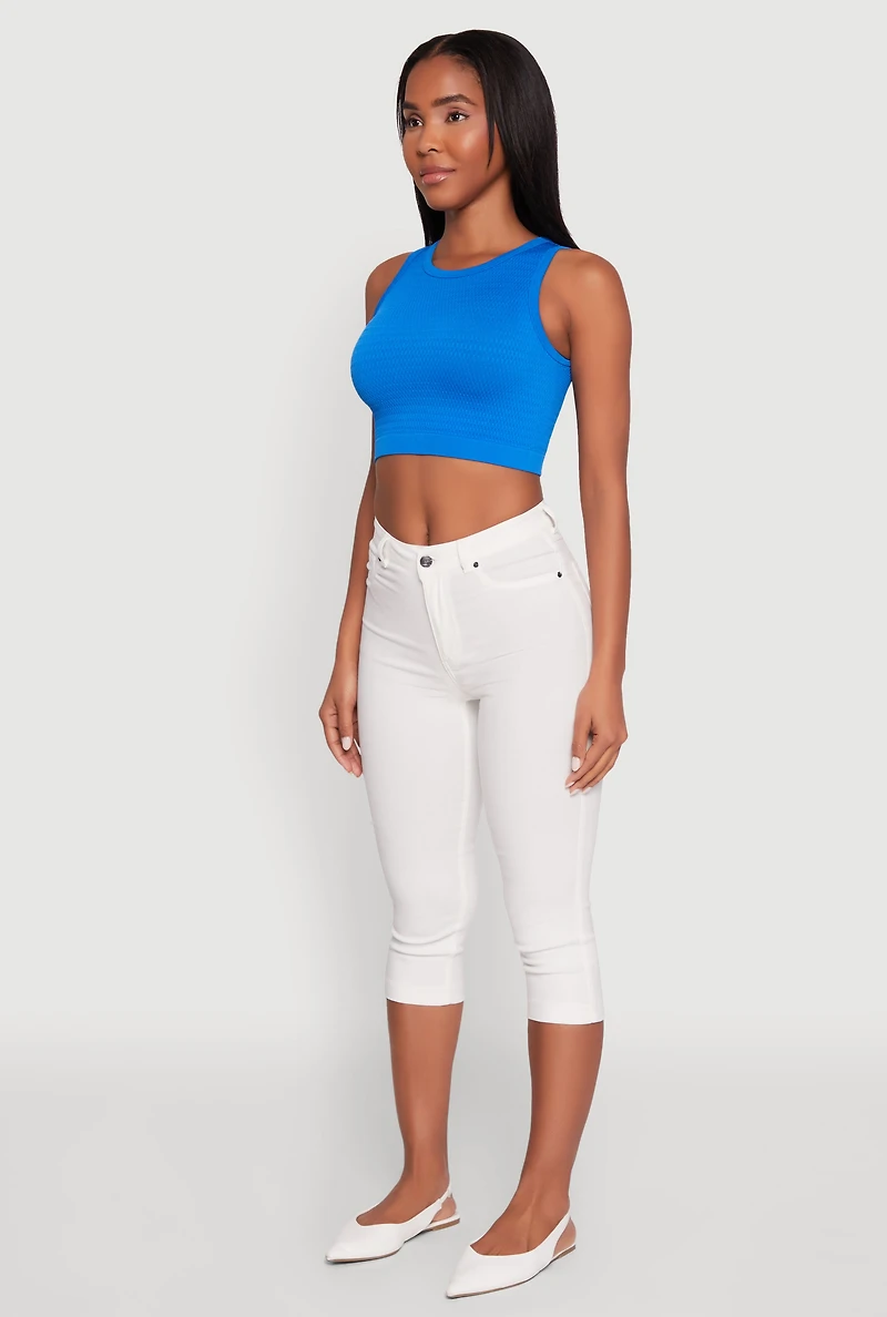 Womens Textured Knit Seamless Cropped Tank Top, Blue, Size L-XL