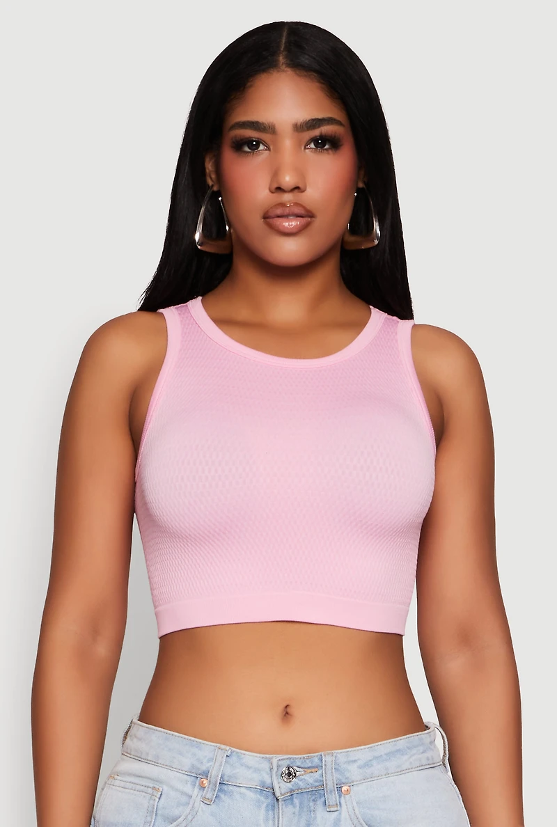 Womens Textured Knit Seamless Cropped Tank Top, Pink, Size L-XL