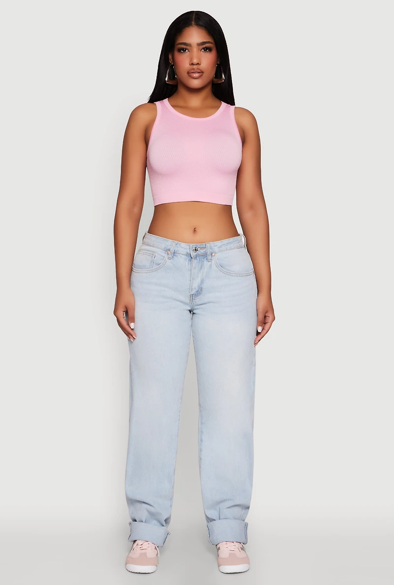 Womens Textured Knit Seamless Cropped Tank Top, Pink, Size L-XL