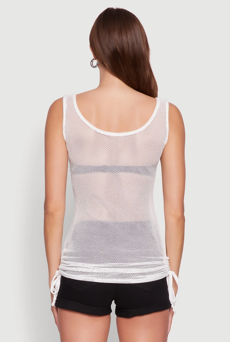 Womens Fishnet Drawstring Sides Tank Top, White, Size L