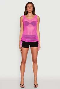 Womens Fishnet Drawstring Sides Tank Top, Pink, Size S