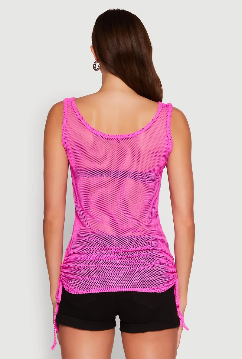 Womens Fishnet Drawstring Sides Tank Top, Pink, Size XL