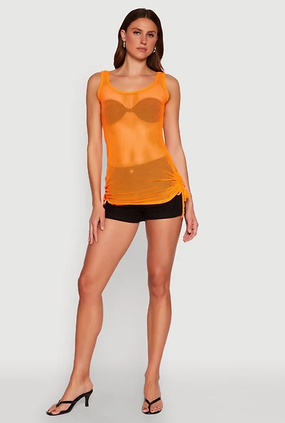 Womens Fishnet Drawstring Sides Tank Top, Orange, Size M