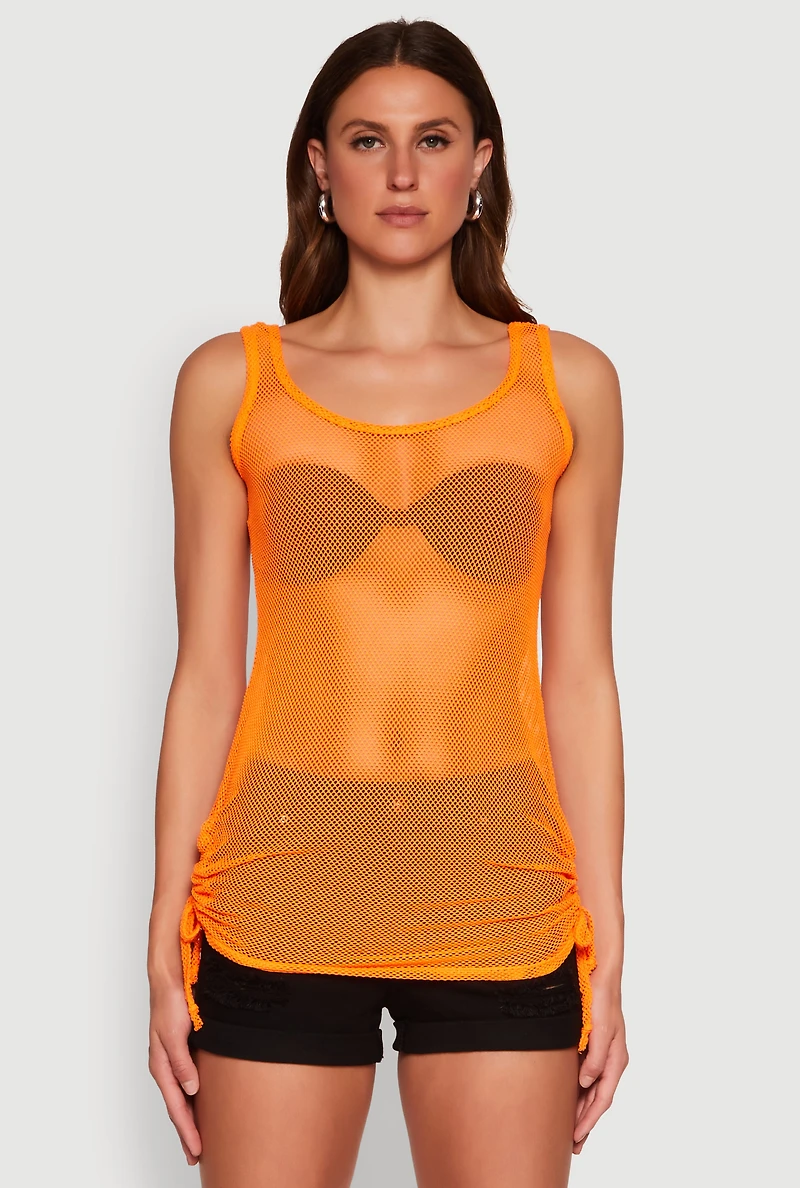 Womens Fishnet Drawstring Sides Tank Top, Orange, Size M