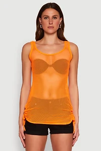 Womens Fishnet Drawstring Sides Tank Top, Orange, Size M