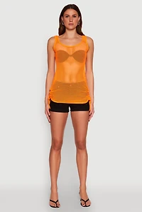 Womens Fishnet Drawstring Sides Tank Top, Orange, Size M