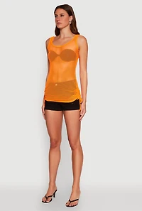 Womens Fishnet Drawstring Sides Tank Top, Orange, Size M