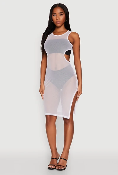Womens Mesh Side Slit Cut Out Maxi Top, White, Size S